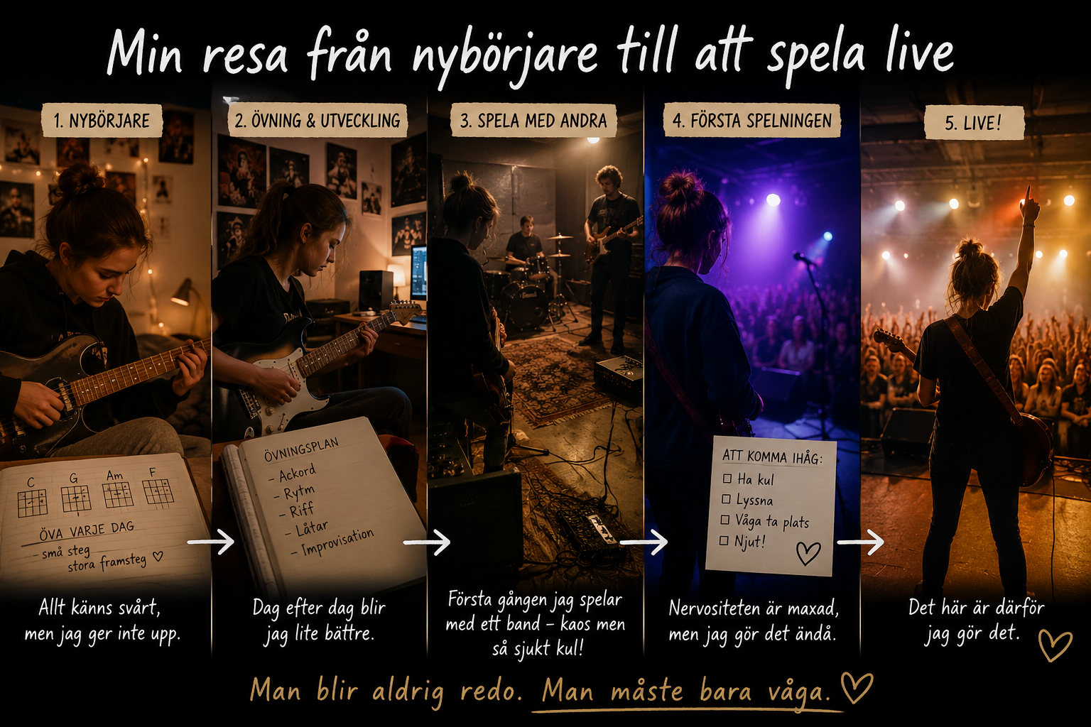 Min resa från nybörjare till att spela gitarr live (berättelse)